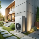 Photographie réaliste d'une pompe à chaleur installée à l'extérieur d'une maison contemporaine, entourée d'un aménagement paysager avec verdure et pavés, reflétant efficacité énergétique et respect de l'environnement