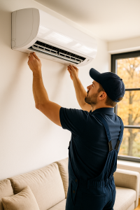 installation de climatisation en automne par un technicien dans une maison moderne